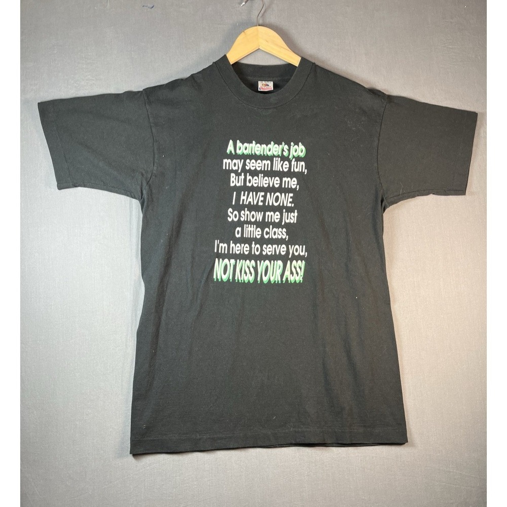 Vintage 90s Fruit Of the Loom Bartender Humor T Shirt Size Large Single USA